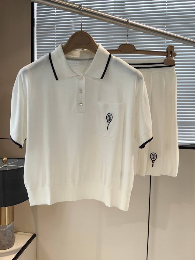 套 春夏新款golf风针织短袖衫＋压褶裙 码数：S-M-L 颜色：白色，湖蓝，藏青 16针超薄款