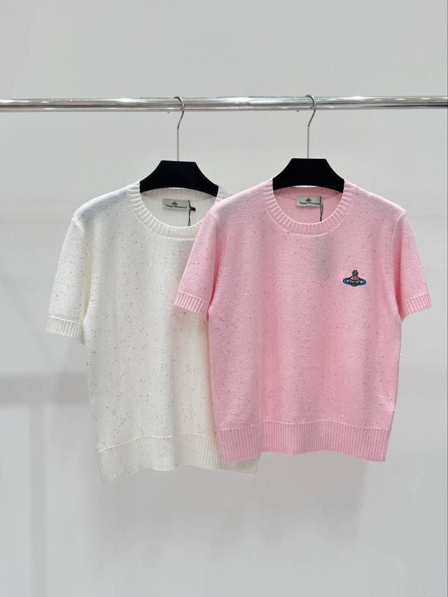 Vi家 春夏新款 纯色珠片土星刺绣针织圆领短袖 颜色：白色 粉色 尺码：36.38.40