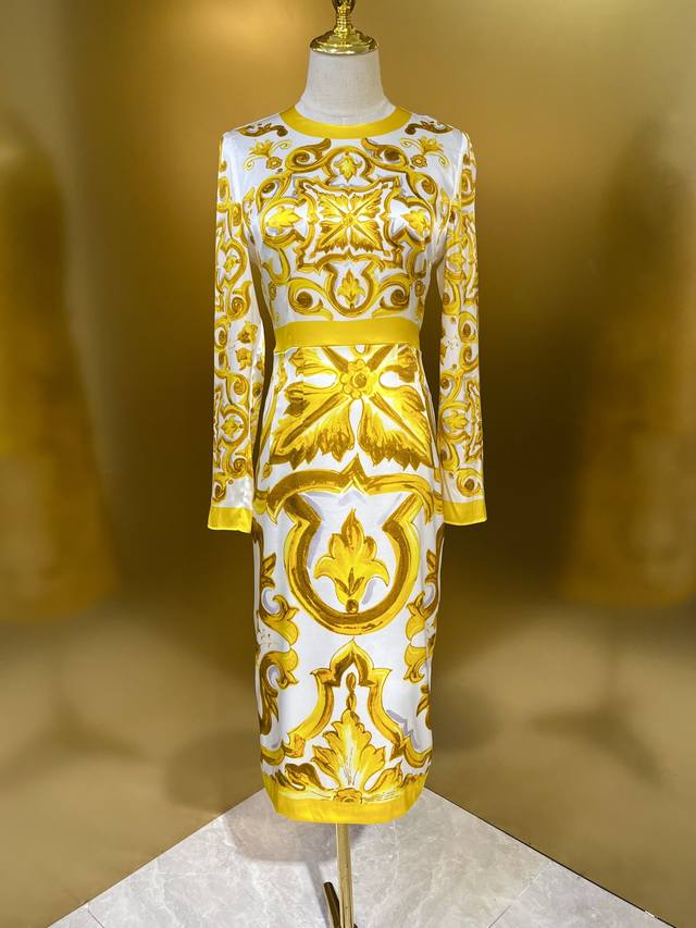 Dg家 原版黄花瓷系列16姆米真丝弹力绸缎连衣裙 Smlxlxxl