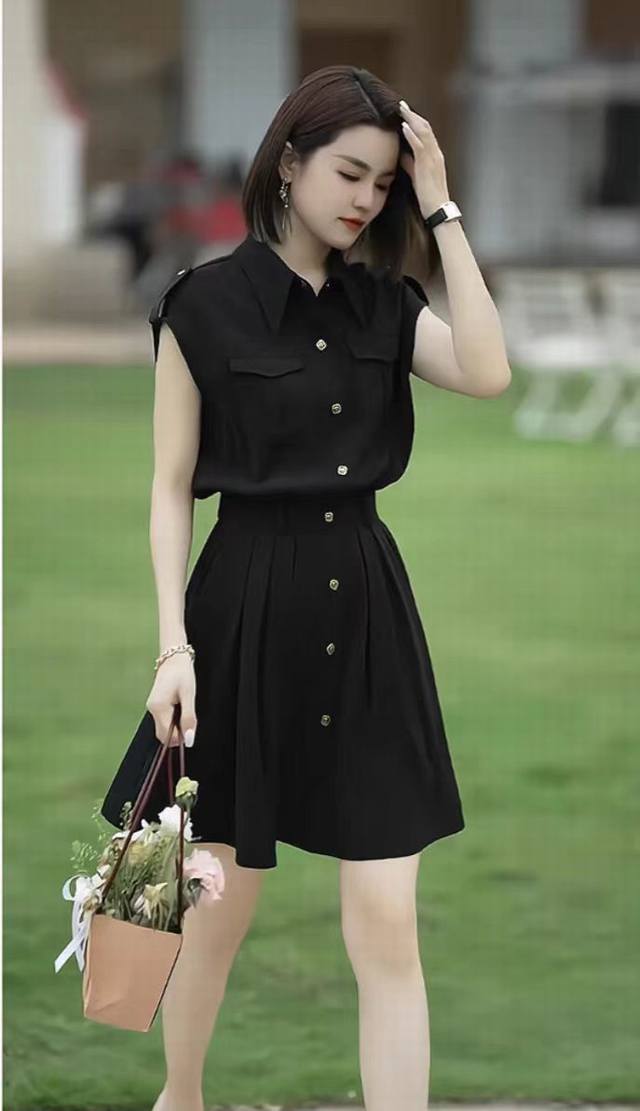 连衣裙 54夏季新款 名媛高级设计感衬衫领收腰显瘦工装时尚连衣裙 颜色：黑色 尺码：S-Xl