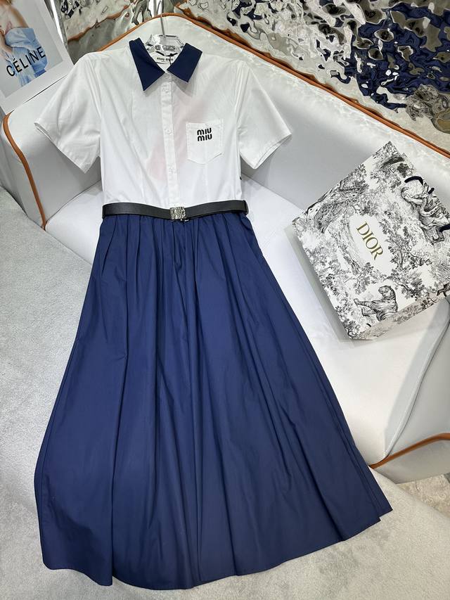 Miumiu 24Ss夏季新款翻领连衣裙 撞色拼接设计 搭配腰带 经典版型 单色三码sml