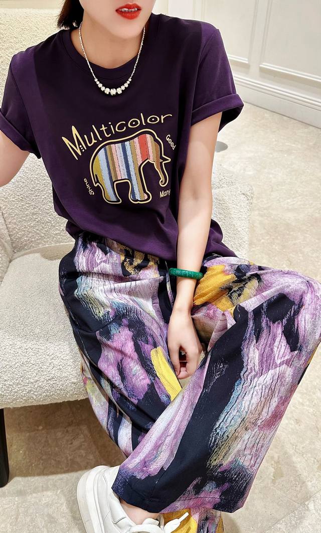 套装 简约扎染抽象画棉麻直筒裤+重工t恤套装紫色s--Xl减龄显瘦，时尚帅气