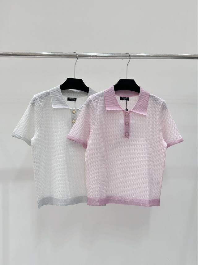 Ch家 春夏新款 纯色银线翻领网格纹针织短袖 颜色：白色 粉色 尺码：36.38.40